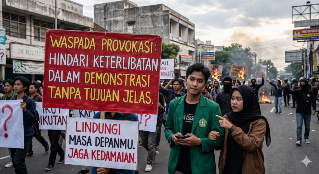 Protester holding a large red sign warning against provocation and involvement in demonstrations without clear goals; street protest scene behind.