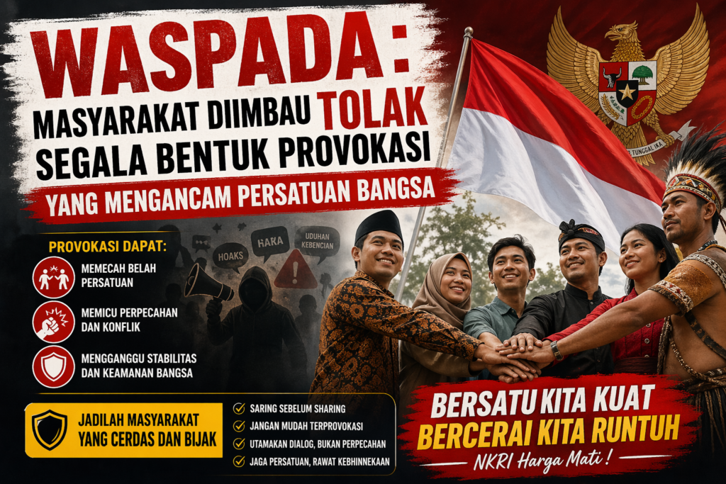 Poster-style image with Indonesian national flag and a group of diverse people joining hands, warning of provocation and urging unity.