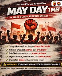 May Day poster with a raised red fist above a cheering crowd, Indonesian labor slogans about peaceful, orderly protest and dialogue with authorities.