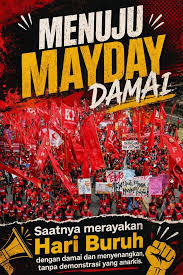 Crowd of protesters waving red flags at a peaceful May Day demonstration with bold yellow and white text across the top.